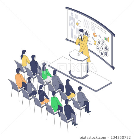 醫生正在就醫療數位轉型進行講座的等距插圖及參與者 134250752