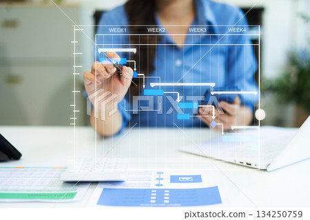 Project manager working and update tasks with milestones progress planning and Gantt chart scheduling diagram. business working with smart phone, tablet 134250759