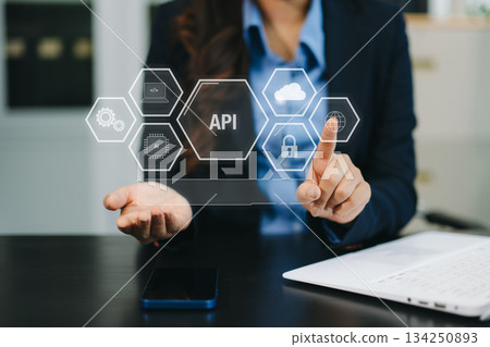 API Application Programming Interface, woman using laptop, tablet and smartphone with virtual screen API icon Software API Application Programming Interface, woman using laptop, tablet and smartphone with virtual screen API icon Software 134250893