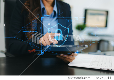Cybersecurity and privacy concepts to protect data. Lock icon and network security technology. Man protecting personal data 134250911