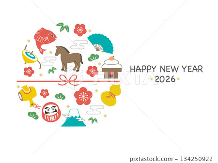2026年新年賀卡 - 馬和幸運符插圖模板 134250922