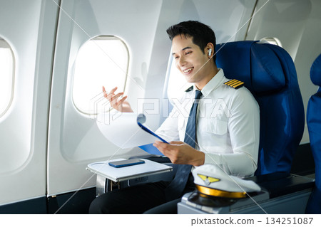 Asian Confident male pilot in uniform leaning at the passenger seat while standing inside of the airplane flight cockpit during takeoff and checking flight plan 134251087