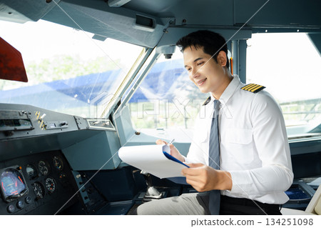 Professional airline pilot in uniform inspecting cockpit control panels during safety checks, ideal for aviation, travel, and airline safety themes. Professional airline pilot in uniform inspecting cockpit control panels during safety checks, ideal for aviation, travel, and airline safety themes. 134251098