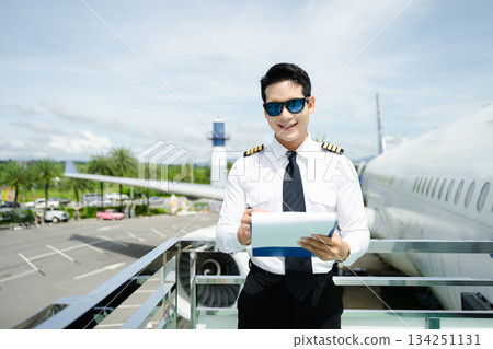 Airline pilot in uniform with sunglasses standing confidently outside airplane, ideal for aviation, travel, and professional pilot lifestyle imagery 134251131