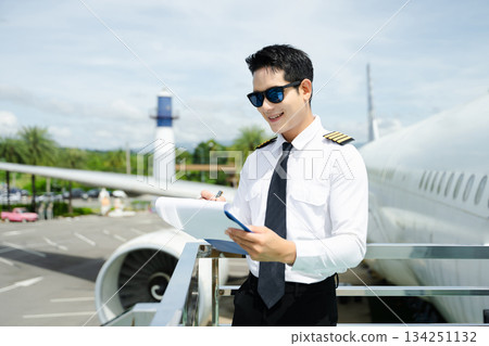 Airline pilot in uniform reviewing checklist outdoors by airplane, perfect for aviation, travel, and professional flight safety themes Airline pilot in uniform reviewing checklist outdoors by airplane, perfect for aviation, travel, and professional flight safety themes 134251132