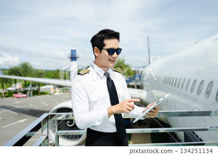 Airline pilot in uniform reviewing checklist outdoors by airplane, perfect for aviation, travel, and professional flight safety themes 134251134