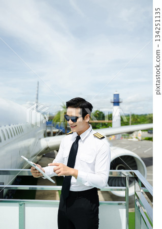 Airline pilot in uniform reviewing checklist outdoors by airplane, perfect for aviation, travel, and professional flight safety themes Airline pilot in uniform reviewing checklist outdoors by airplane, perfect for aviation, travel, and professional flight safety themes 134251135