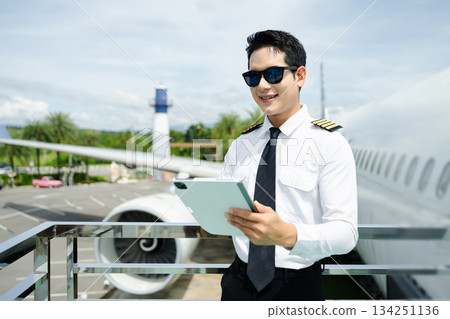 Airline pilot in uniform reviewing checklist outdoors by airplane, perfect for aviation, travel, and professional flight safety themes 134251136