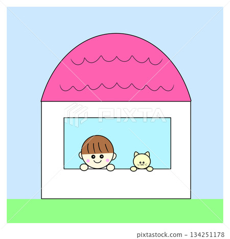 一個孩子和一隻貓向外望去 一個孩子和一隻貓向外望去 134251178