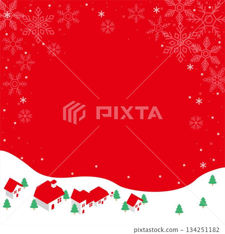 Winter landscape frame with sky and snowflakes. Banner, isometric, cityscape, decorative frame, background, design, illustration material. 134251182