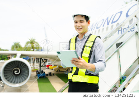 Ground crew engineer in safety vest and helmet pointing and holding documents during airplane inspection, perfect for aviation and flight safety themes Ground crew engineer in safety vest and helmet pointing and holding documents during airplane inspection, perfect for aviation and flight safety themes 134251223