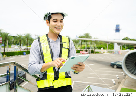Aviation engineer inspects airplane for safety compliance. Professional aerospace technician at work in airport maintenance Aviation engineer inspects airplane for safety compliance. Professional aerospace technician at work in airport maintenance 134251224