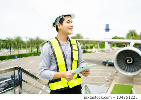 Ground crew engineer in safety vest and helmet pointing and holding documents during airplane inspection, perfect for aviation and flight safety themes Ground crew engineer in safety vest and helmet pointing and holding documents during airplane inspection, perfect for aviation and flight safety themes 134251225