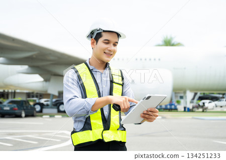 Ground crew engineer in safety vest and hard hat using walkie talkie while checking documents, perfect for aviation, maintenance, Ground crew engineer in safety vest and hard hat using walkie talkie while checking documents, perfect for aviation, maintenance, 134251233