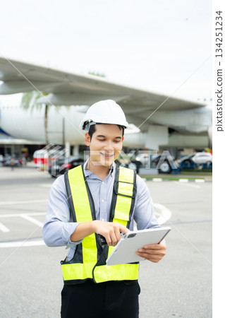 Aviation engineer inspects airplane for safety compliance. Professional aerospace technician at work in airport maintenance Aviation engineer inspects airplane for safety compliance. Professional aerospace technician at work in airport maintenance 134251234
