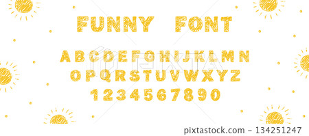 English alphabet crayon. Childlike handwriting funny font. Yellow letters and numbers. Chalk or wax texture. Vector illustration English alphabet crayon. Childlike handwriting funny font. Yellow letters and numbers. Chalk or wax texture. Vector illustration 134251247