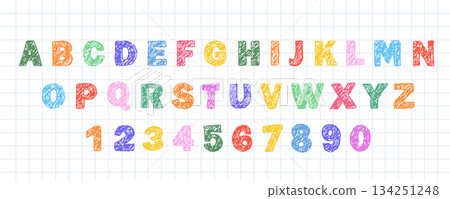 English alphabet crayon. Funky and bold ABC set with wax texture. Pen doodle font. Vector illustration English alphabet crayon. Funky and bold ABC set with wax texture. Pen doodle font. Vector illustration 134251248