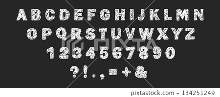 English alphabet crayon. Childlike scribble font for playful design. School and party invitations with fun and bold style. Vector illustration. 134251249