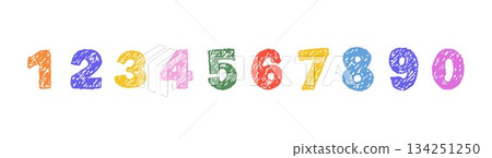 Funky and groovy crayon numbers. Chalk texture for creative projects. Vector illustration 134251250