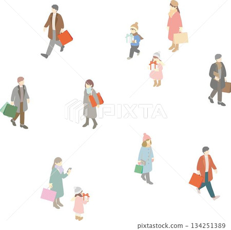 Isometric people in winter clothes and shopping, children with gifts 134251389