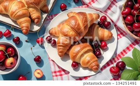 Croissants and cherries on a red and white checkered tablecloth, celebrating Bastille Day with a festive French theme 134251491