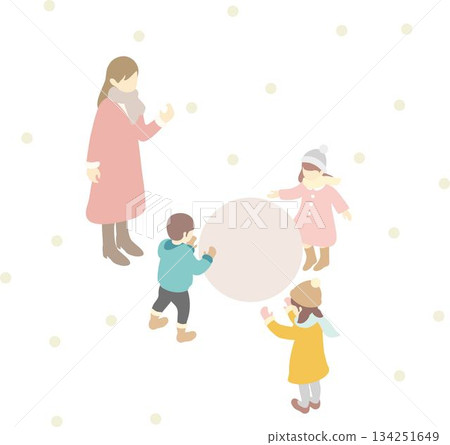 Isometric illustration of kids making a snowman and snowy trees 134251649