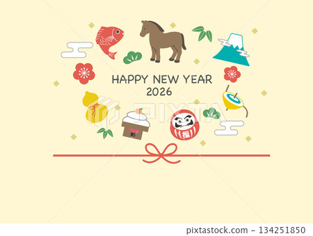 2026年新年賀卡 - 馬和幸運符插圖模板 134251850