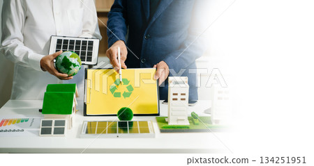 business team people planning and discussing on recycle reduce reuse policy symbol in office meeting room. business team people planning and discussing on recycle reduce reuse policy symbol in office meeting room. 134251951