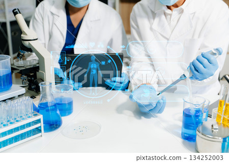 Modern medical research laboratory. female scientist hands working with micro pipettes analyzing biochemical samples Modern medical research laboratory. female scientist hands working with micro pipettes analyzing biochemical samples 134252003