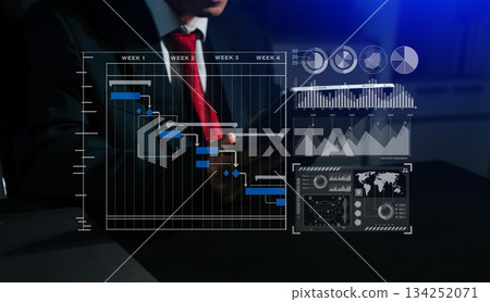 Businessman hand Project manager working and update tasks and Gantt chart scheduling virtual diagram. Businessman hand Project manager working and update tasks and Gantt chart scheduling virtual diagram. 134252071
