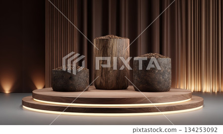 Natural textures displayed on wooden podium at exhibition 134253092