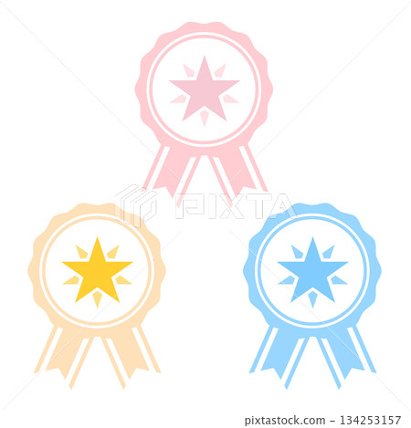 A set of medal icons with ribbons and stars drawn in three colors, decorative illustrations for rankings and awards 134253157