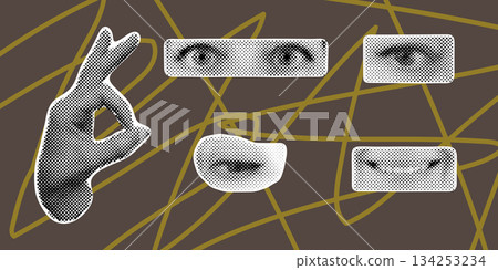 Halftone collage with hand lips and eyes. Abstract human face parts in pop art dotted style. Vector retro design concept. Modern surreal composition isolated on white background illustration Halftone collage with hand lips and eyes. Abstract human face parts in pop art dotted style. Vector retro design concept. Modern surreal composition isolated on white background illustration 134253234
