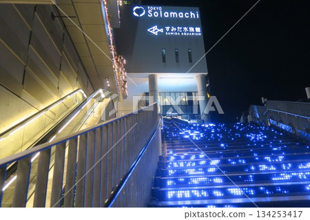 Night view from the sidewalk at Skytree Station 134253417