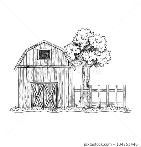 A rural yard. A barn, a tree, and a fence. A hand-drawn black-and-white vector illustration. A concept of the agricultural industry. A design element for banners, labels, postcards, and more. A rural yard. A barn, a tree, and a fence. A hand-drawn black-and-white vector illustration. A concept of the agricultural industry. A design element for banners, labels, postcards, and more. 134253446