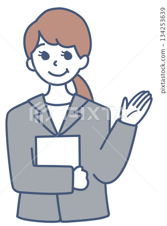 Illustration of a woman in a suit giving directions 134253639