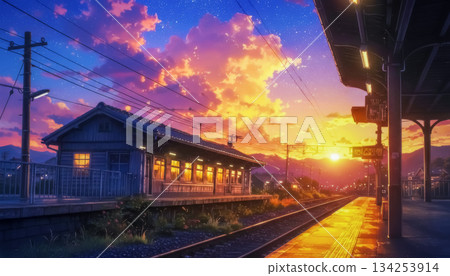 鄉村車站的月台和回家的路上的風景都染上了夕陽的顏色。 134253914