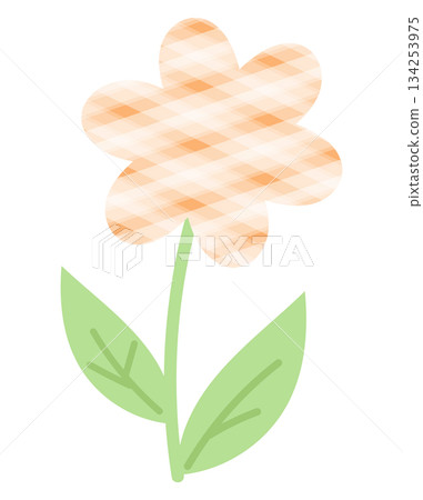 Pastel orange flower with green leaves and plaid pattern for nature, garden, tree, plants, blossom, blooming, park, picnic, home yard, stickers, cartoon, floral print, decoration, patch, brooch, pin 134253975