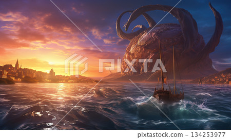 Giant monster from the sea attacking the city on the coast. Scary fairytale concept with Kraken. Generated AI. 134253977