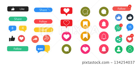Complete Set of Social Media Engagement Buttons and Icons Like, Share, Follow, Heart, Bell, and Chat Graphics. Complete Set of Social Media Engagement Buttons and Icons Like, Share, Follow, Heart, Bell, and Chat Graphics. 134254037