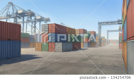 港口物流廣場上，色彩繽紛的裝卸貨櫃整齊排列。 134254706