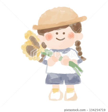 Easy Sunflower Watercolor Series | Girl Holding a Sunflower 134254719