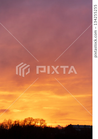 Vibrant orange and purple sunset sky over silhouetted rural landscape Vibrant orange and purple sunset sky over silhouetted rural landscape 134255255