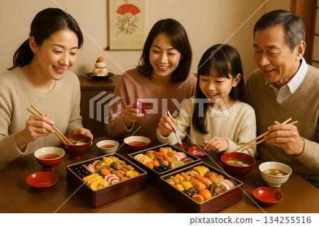 A smiling New Year's celebration for a three-generation family gathered around osechi cuisine 134255516