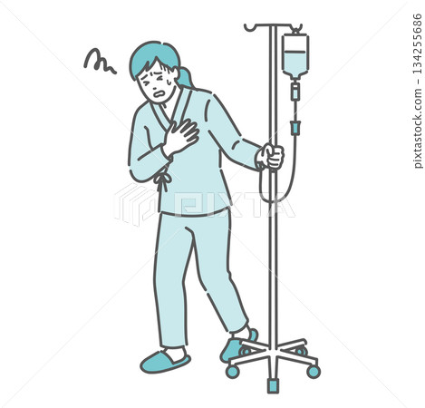 A female patient complaining of chest pain and nausea during an IV drip (side effect, sudden change) 134255686