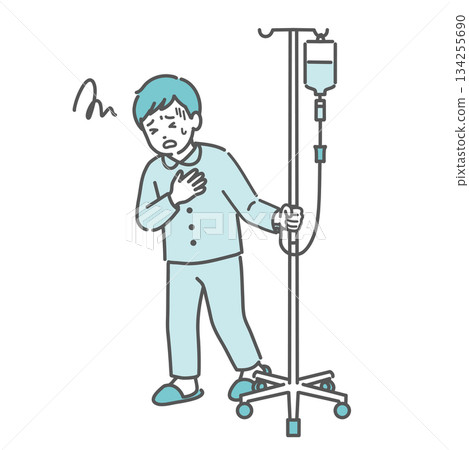 A boy complaining of chest pain and nausea during an IV drip (side effect, sudden change) 134255690
