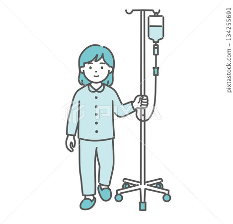 一名女孩推著輸液架行走（兒科，住院） 134255691
