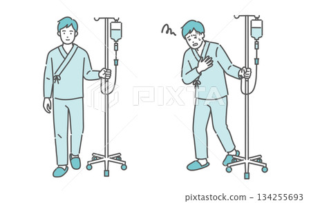 一名男子推著輸液架行走，另一名男子痛苦地摀著胸口（對比圖） 134255693