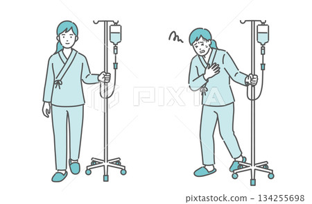 一名女子推著輸液架行走，另一名女子痛苦地摀著胸口（對比圖） 134255698