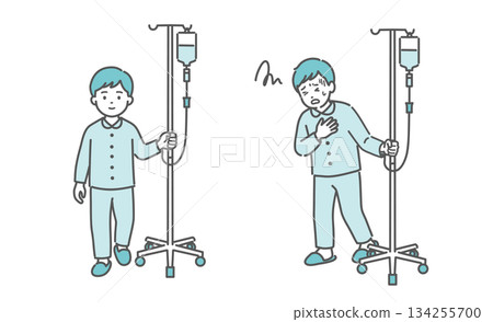 一個男孩推著輸液架走路，另一個男孩痛苦地摀著胸口（對比圖） 134255700